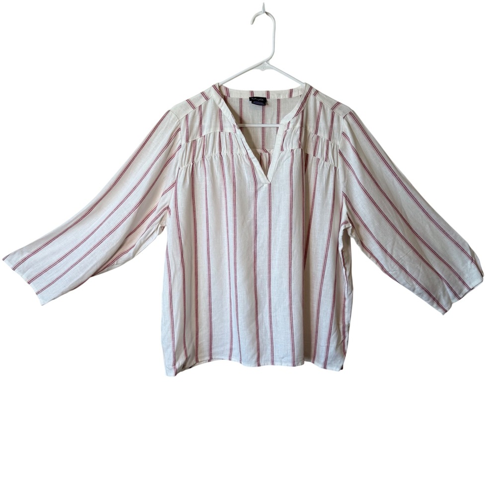 Splendid Womens Red Ivory Striped‎ Linen Blend V-Neck Blouse Top Large Boho